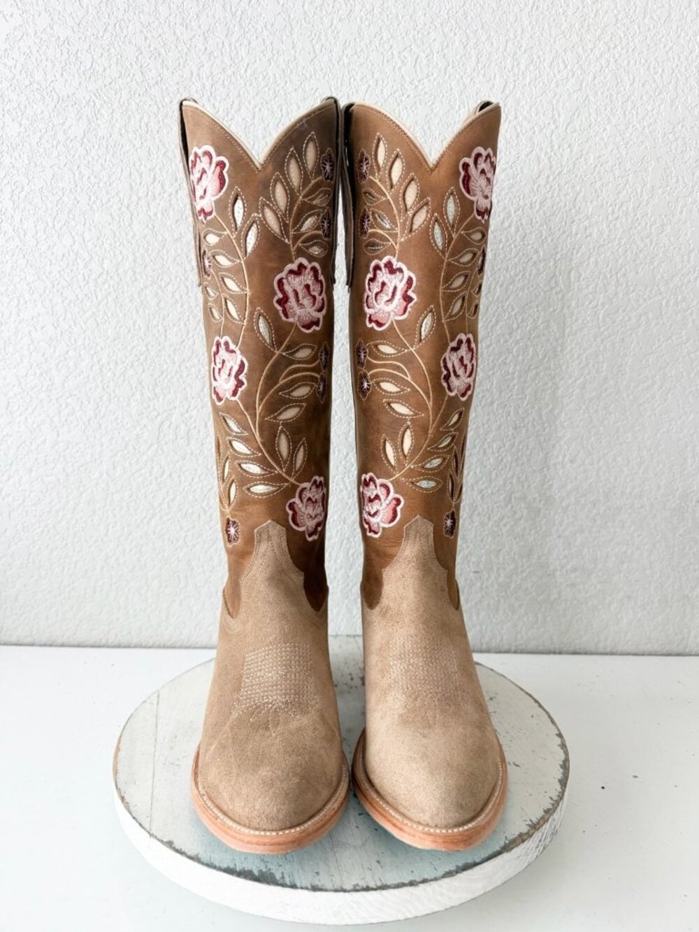 Lane KENZIE Cowboy Boots Womens 8 Latte Suede Floral Embroidery Western Tall - Picture 6 of 11
